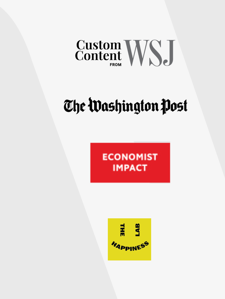 A collage of logos from reputable media outlets and podcasts— Custom Content from The Wall Street Journal, The Washington Post, The Economic Times suggesting sources of financial and lifestyle content.