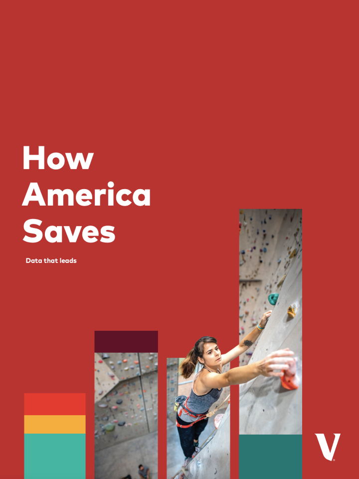 Thumbnail of the report titled "How America Saves" with the subtitle "Data that leads", featuring a red background, a rock climber, and three multicolored vertical bars at the bottom.