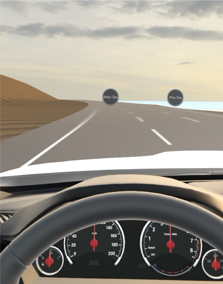 A simulated driver’s view from inside a car shows a dashboard with speed and RPM gauges, and two floating road signs labeled 'After-Tax' and 'Pre-Tax,' suggesting a metaphorical choice between financial options.